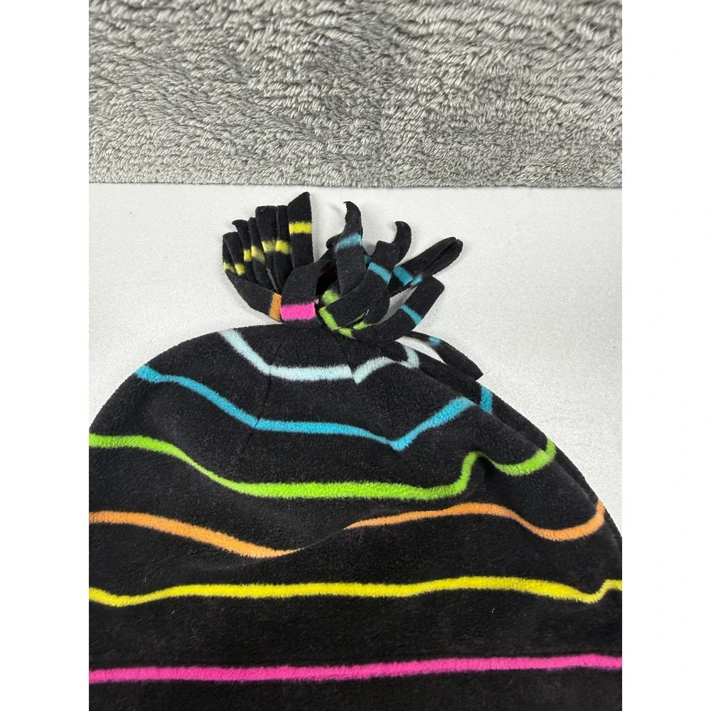 Old Navy Fleece Beanie Hat Black Rainbow Striped Fringed Snowflake Pom Pom